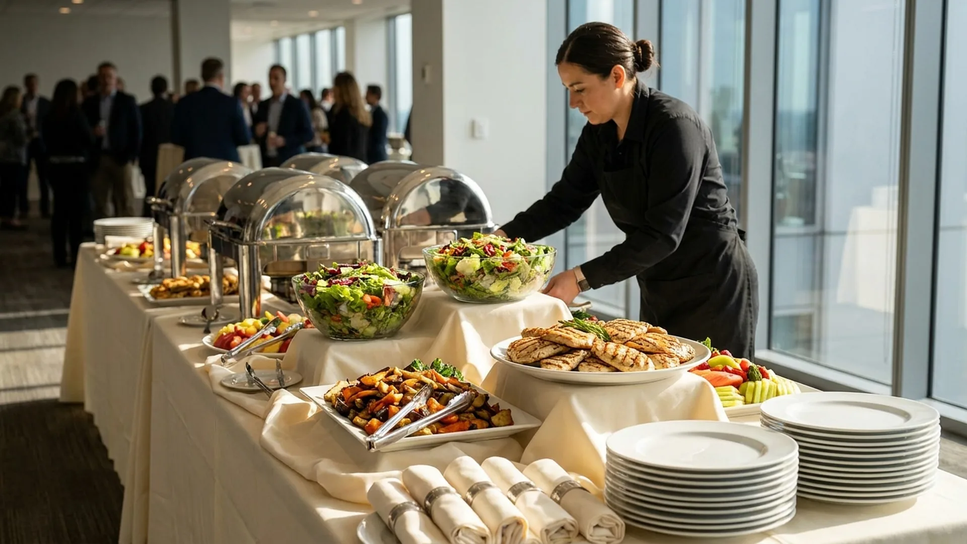 Corporate catering buffet with chafing dishes, salads, and grilled entrees at a business event