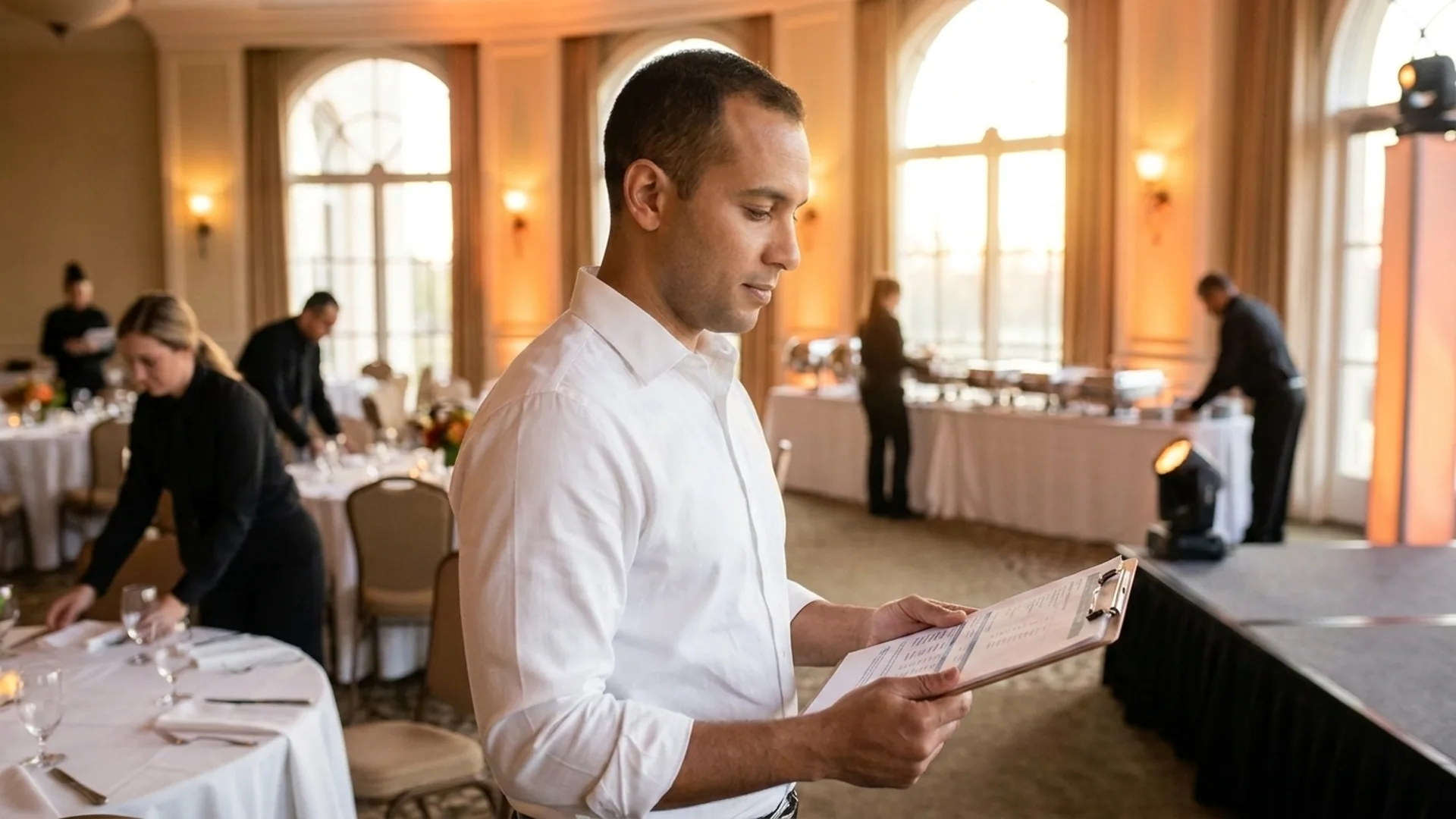 Event manager reviewing an event budget on a clipboard in a ballroom during event setup