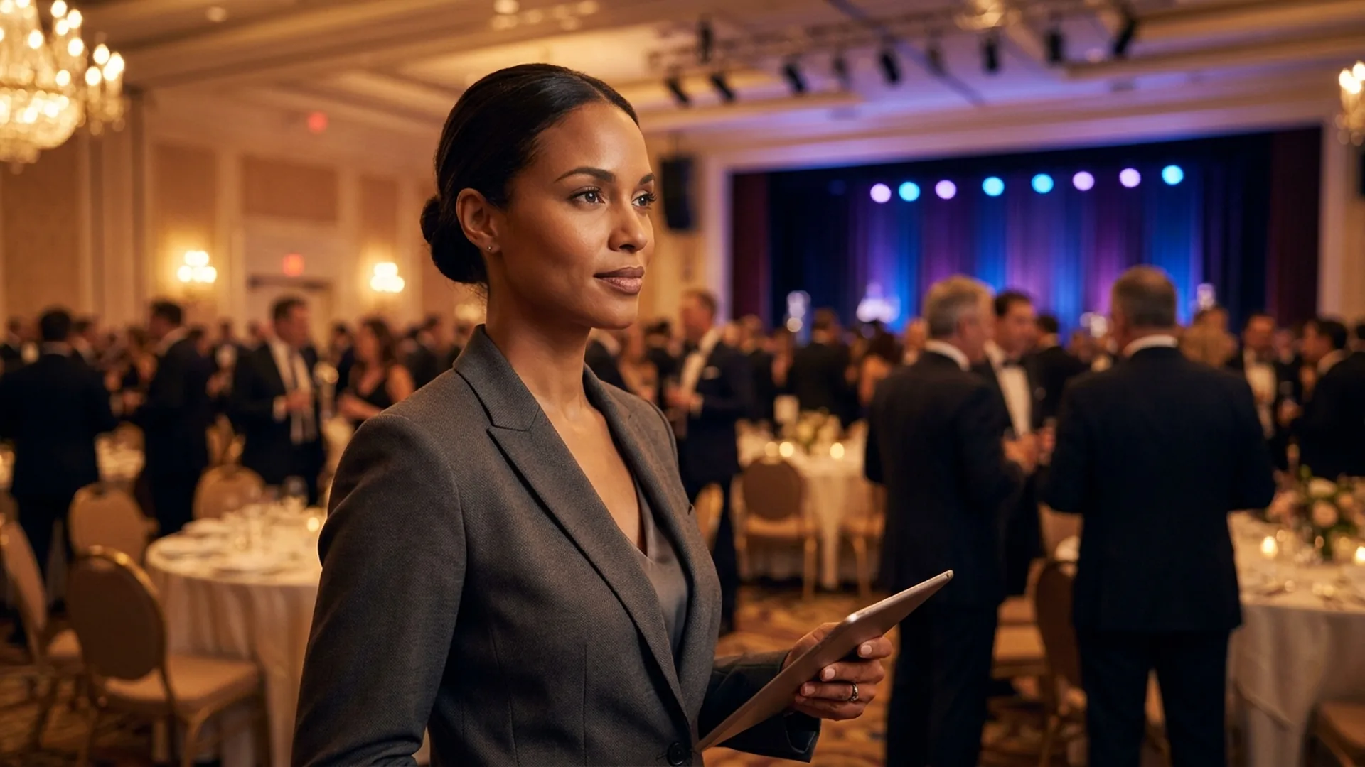 Corporate event manager in a charcoal blazer overseeing a busy corporate ballroom event
