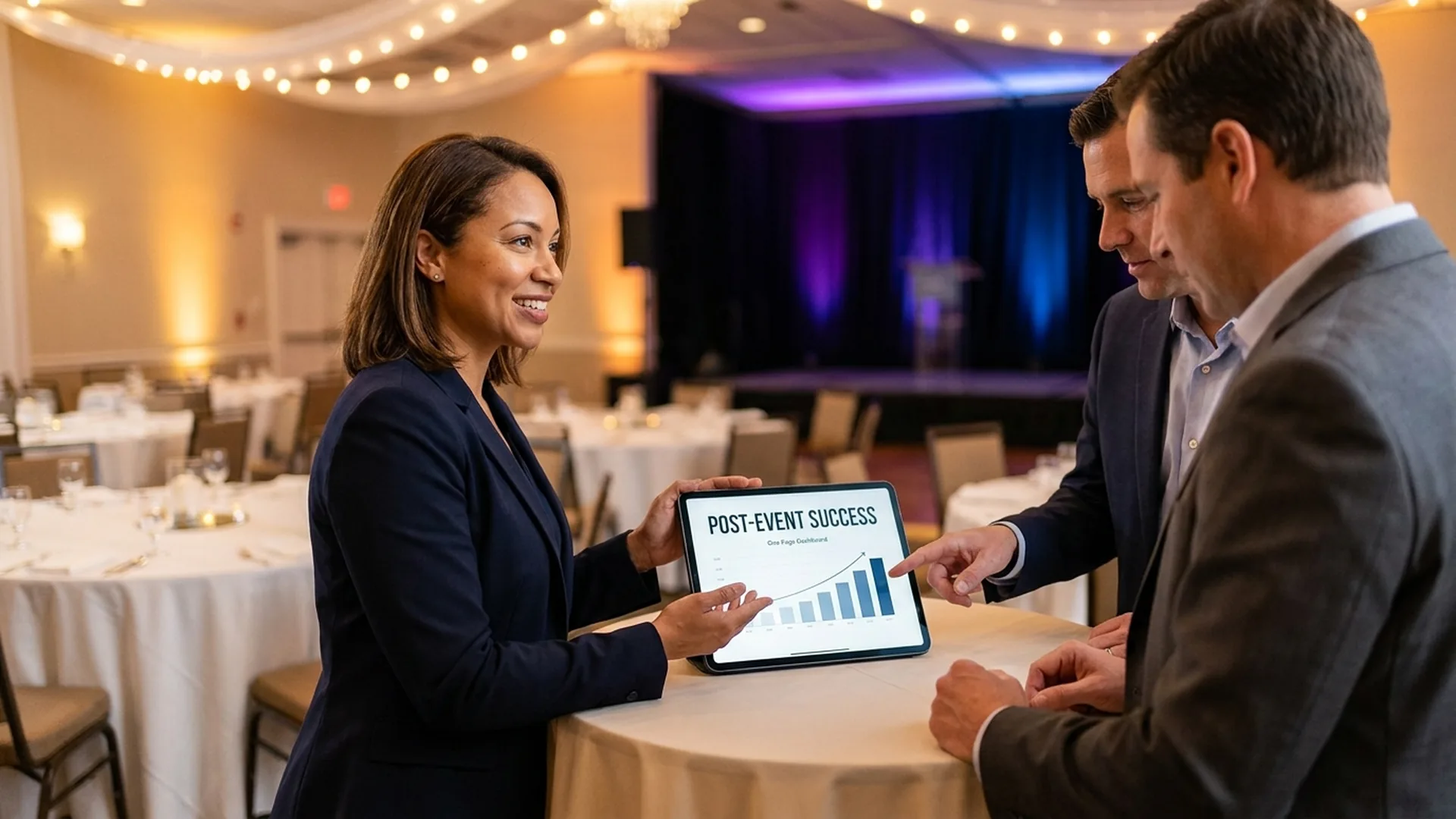 Event manager presenting post-event ROI results on a tablet to executives in the event venue