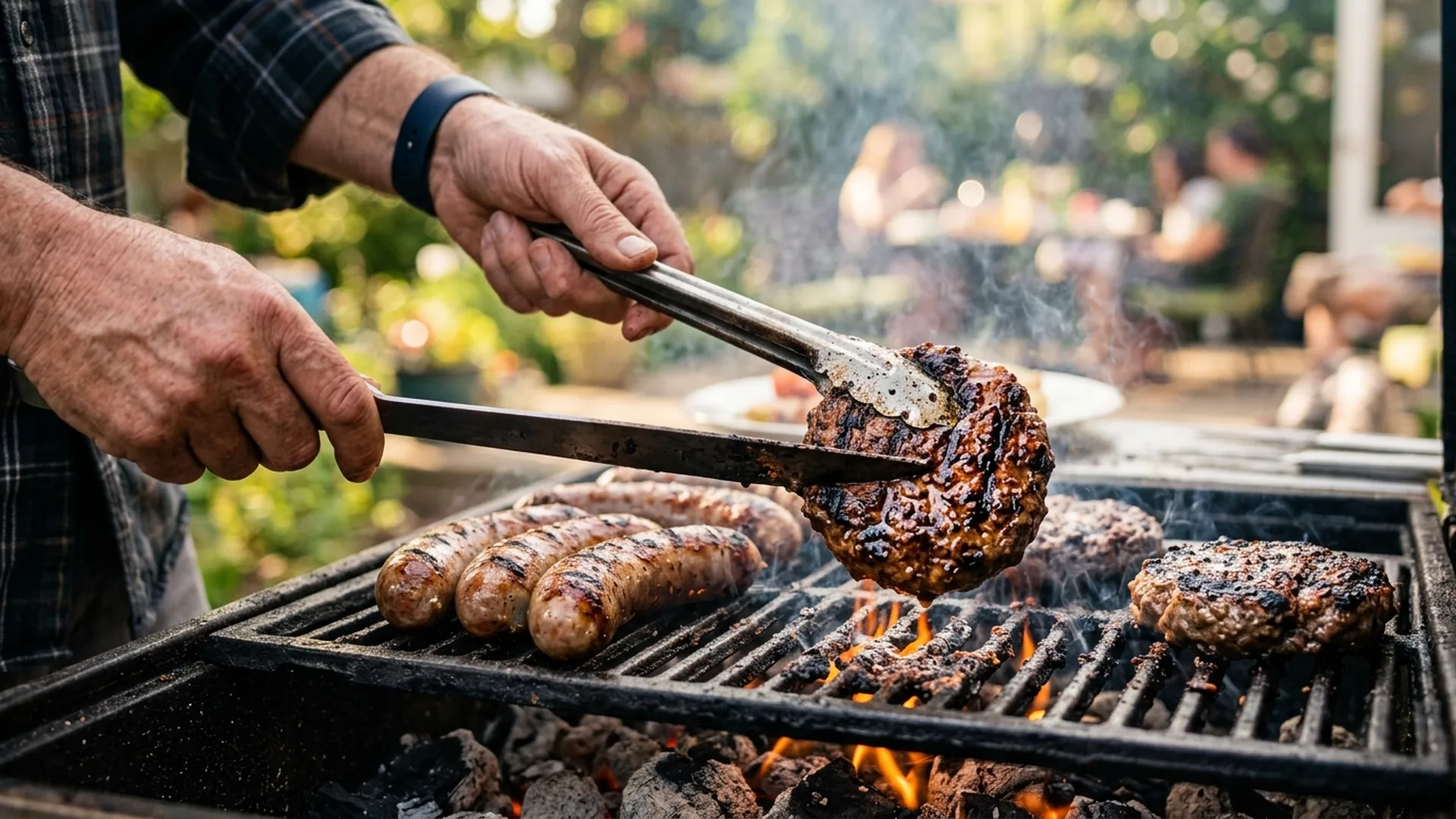Person grilling burgers and brats on a backyard grill for a summer party