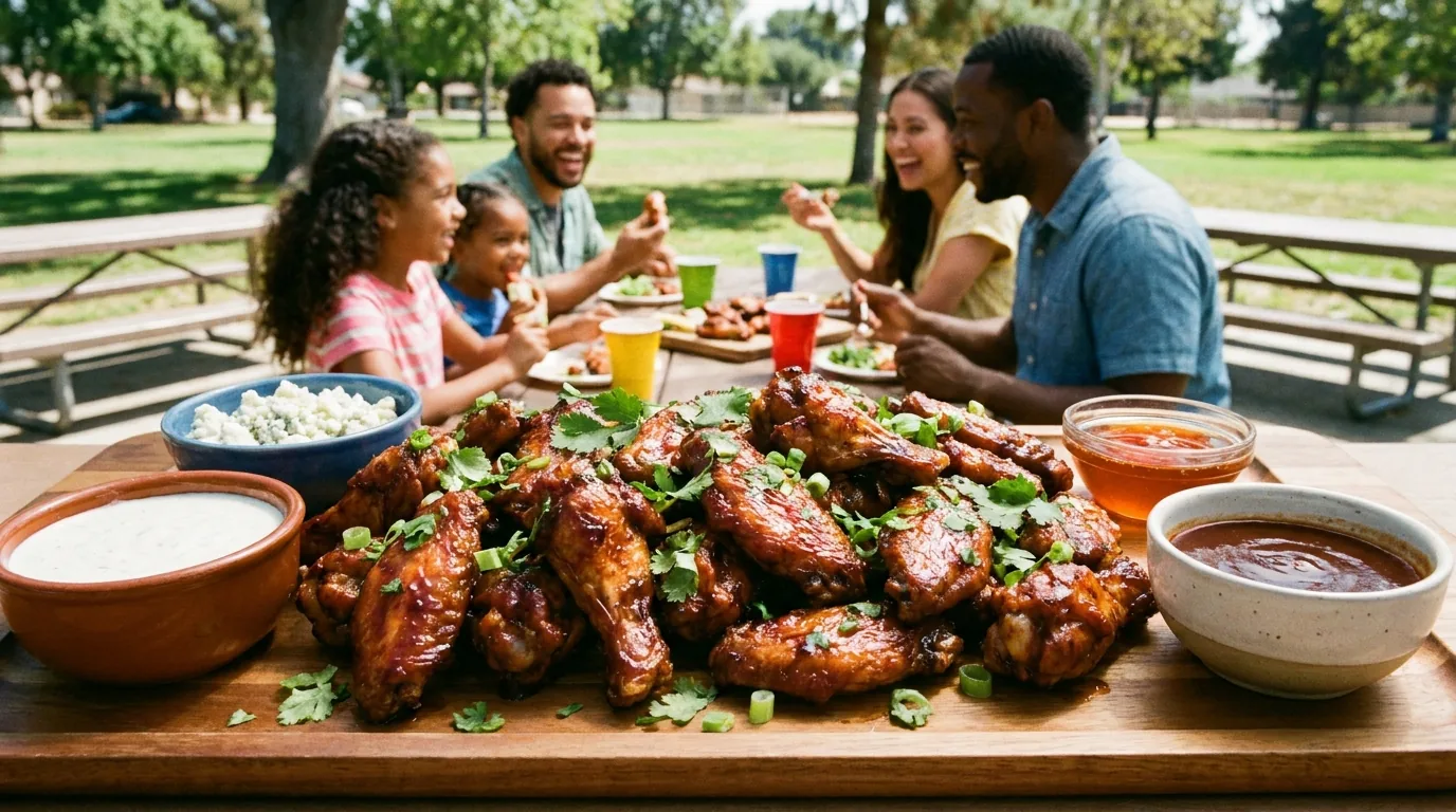 Platter of BBQ chicken wings with dipping sauces at a family reunion
