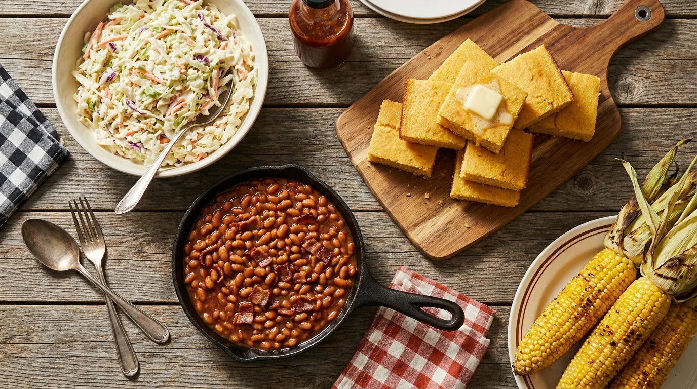 Coleslaw, baked beans, cornbread, and corn on the cob on a picnic table