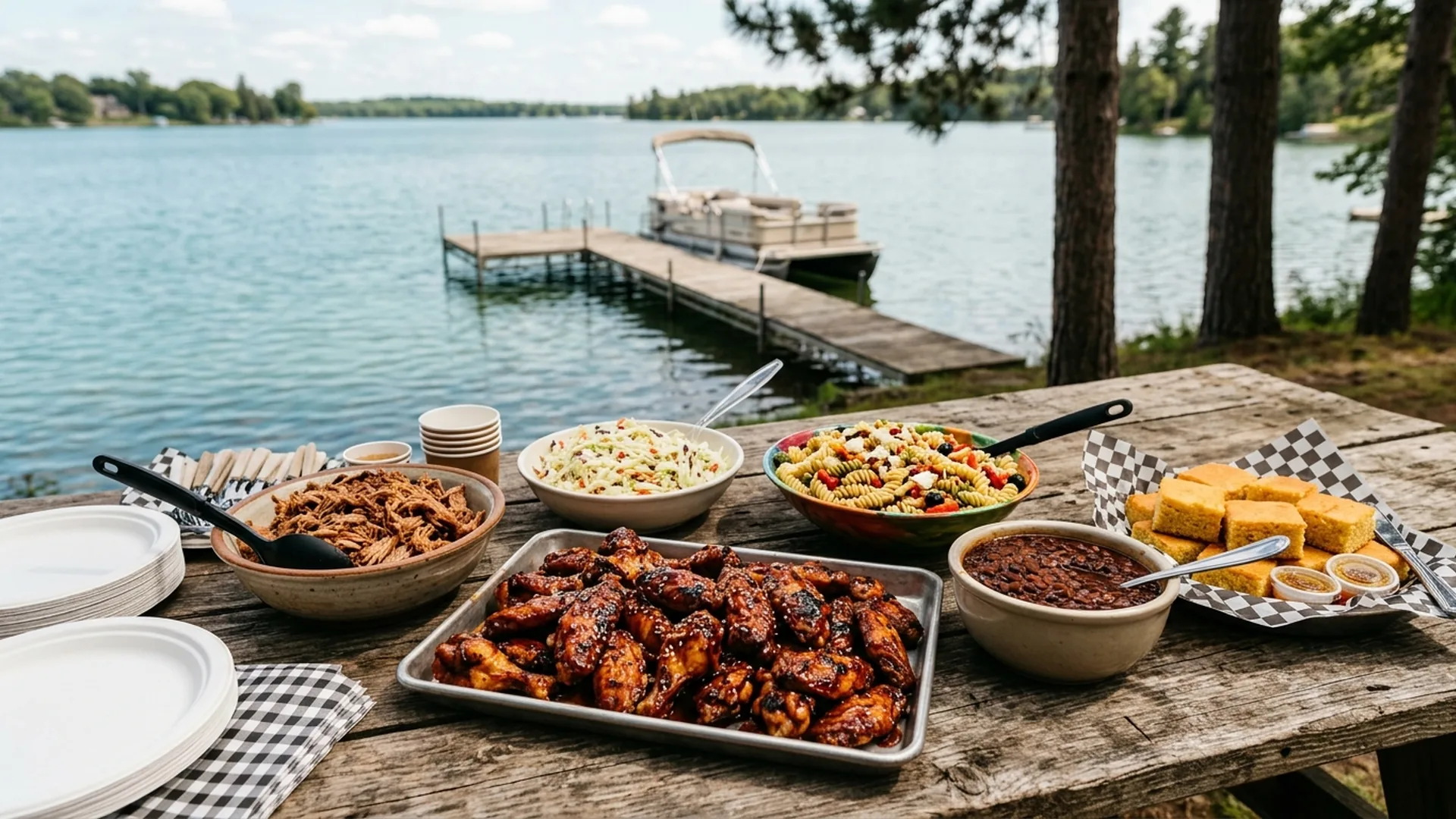 BBQ catering spread of wings, pulled pork, and sides on a wooden lakeside table