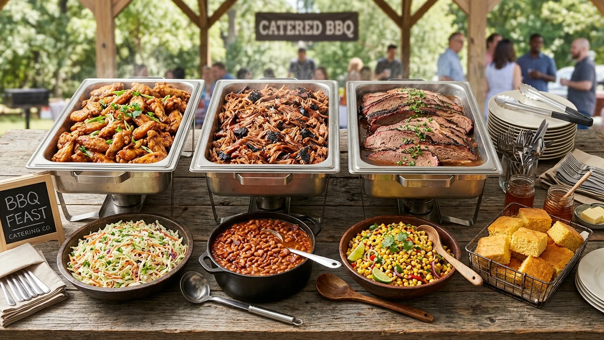 Catered backyard BBQ buffet with wings, pulled pork, and multiple side dishes