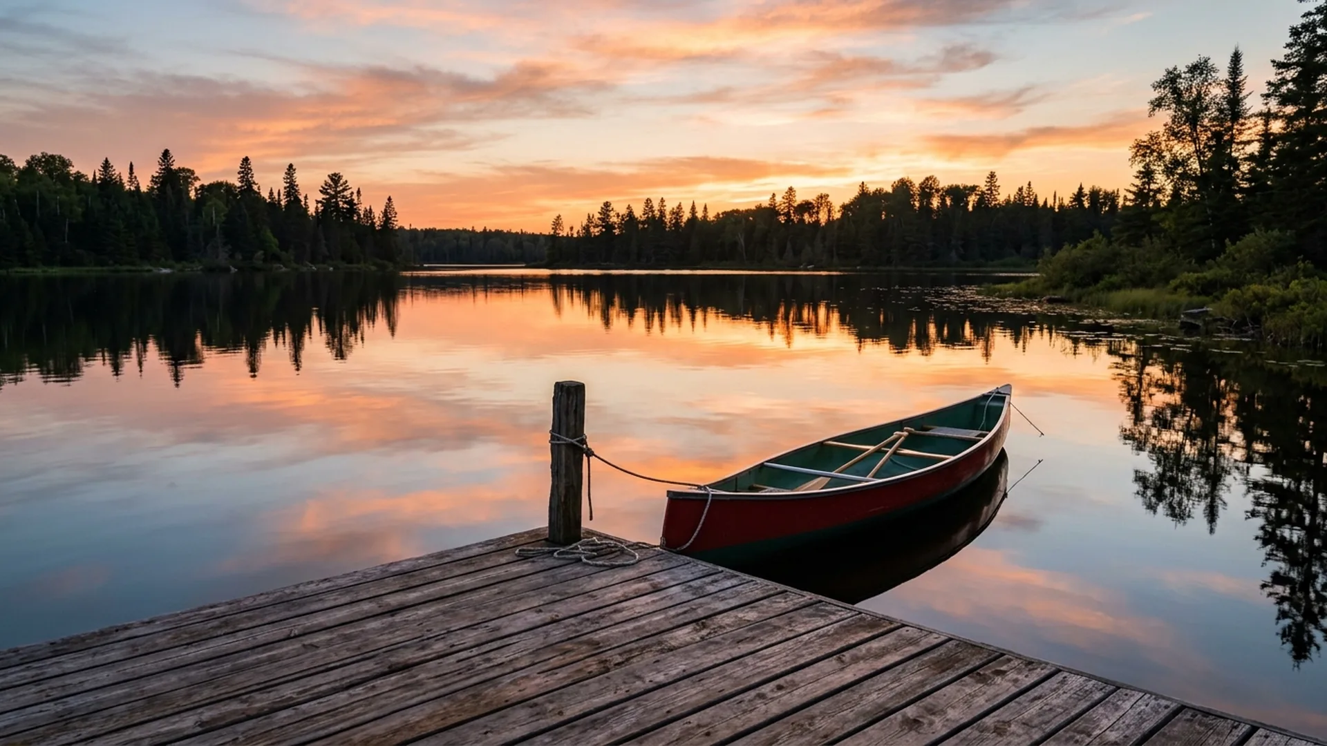 Central Minnesota lake at sunset viewed from a cabin dock with a moored canoe