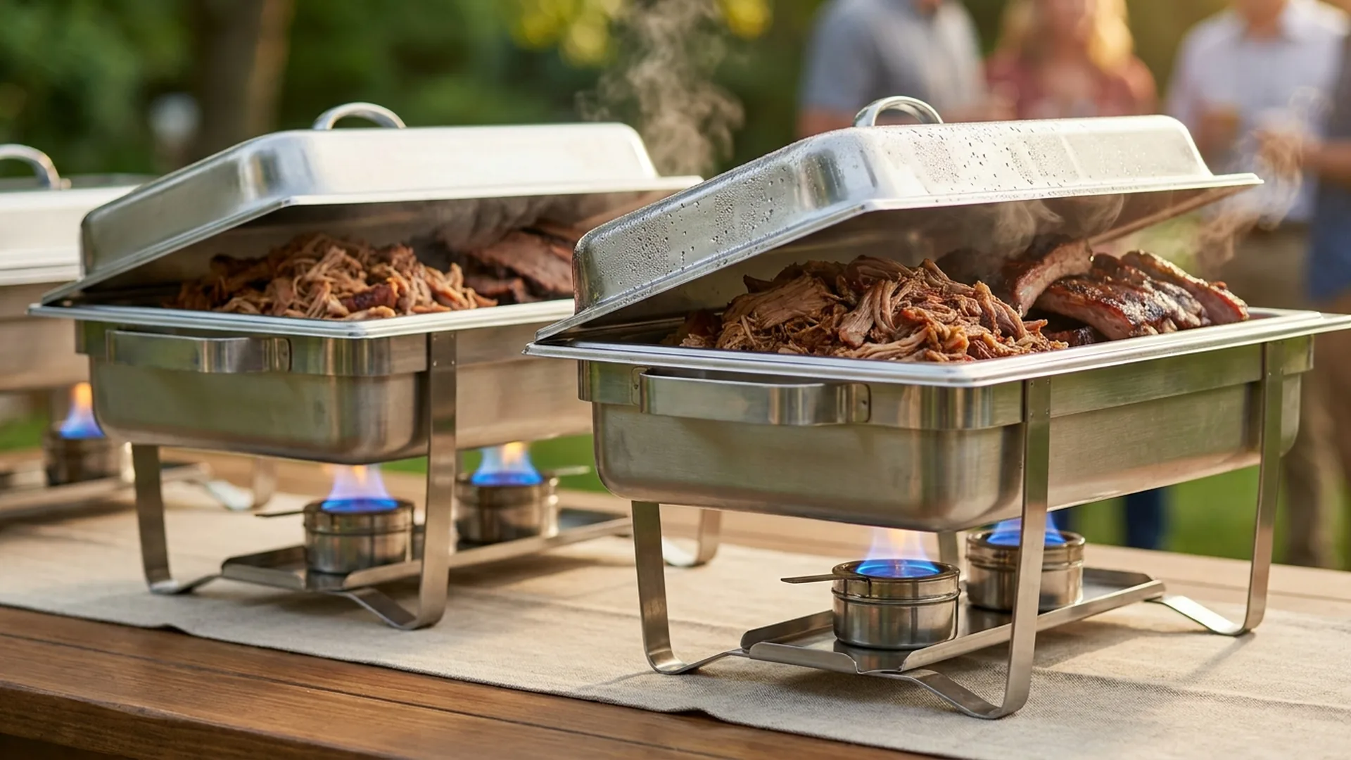 Two chafing dishes with lit sterno flames underneath at an outdoor catering buffet