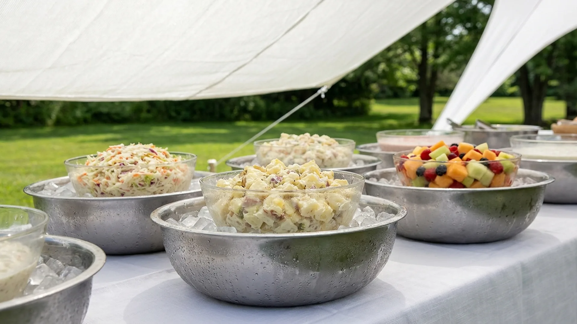 Cold buffet with bowls of salads and fruit nested over crushed ice under a shade tent