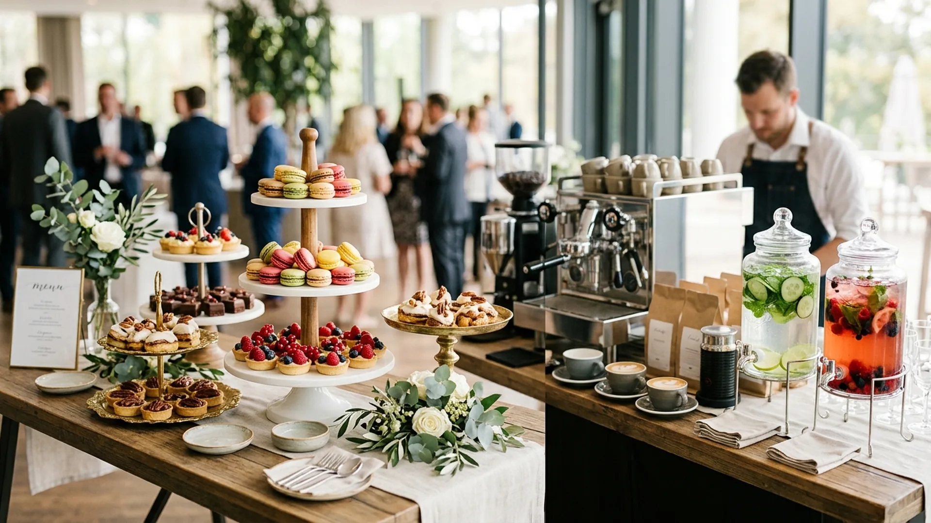 Corporate dessert and beverage table with mini pastries and a coffee bar