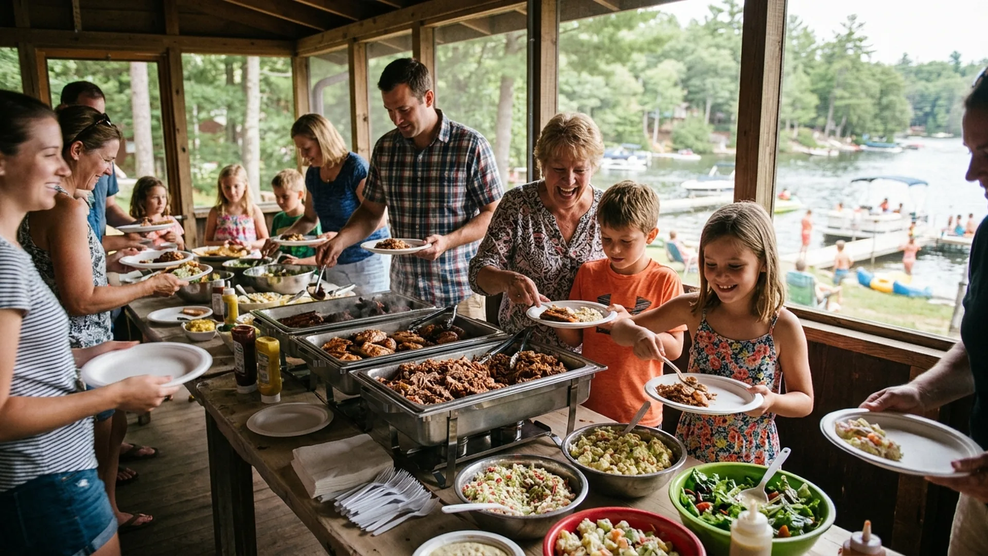Kids and adults filling plates from a buffet line at a family cabin gathering