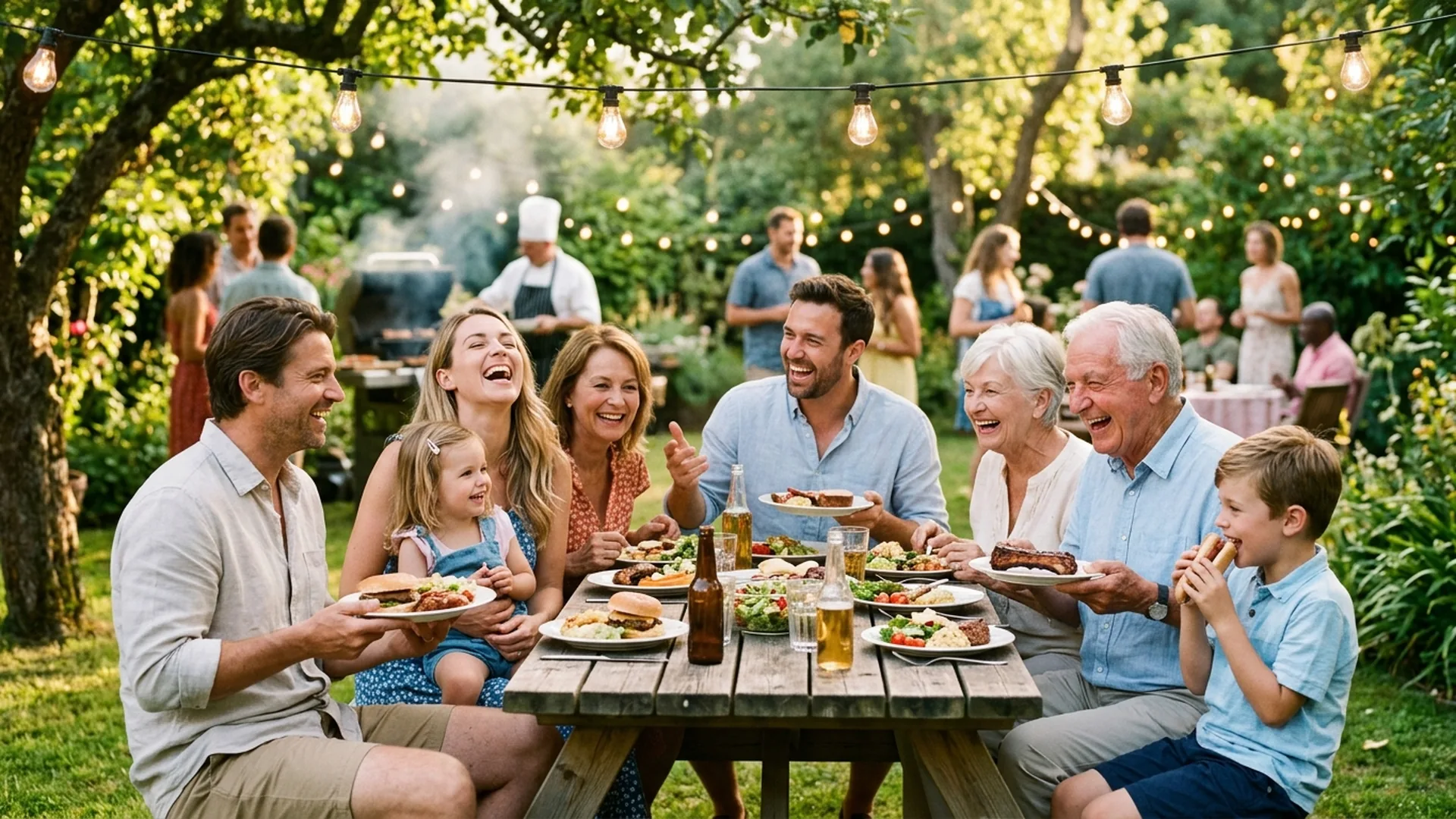 Family relaxing and enjoying a catered backyard BBQ party in the summer