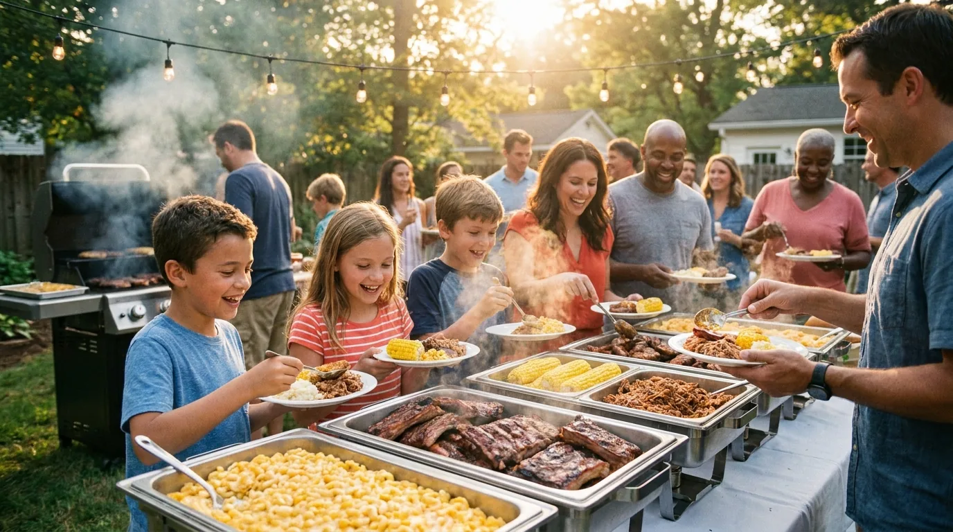 Kids and adults filling plates from a BBQ buffet line at a family gathering
