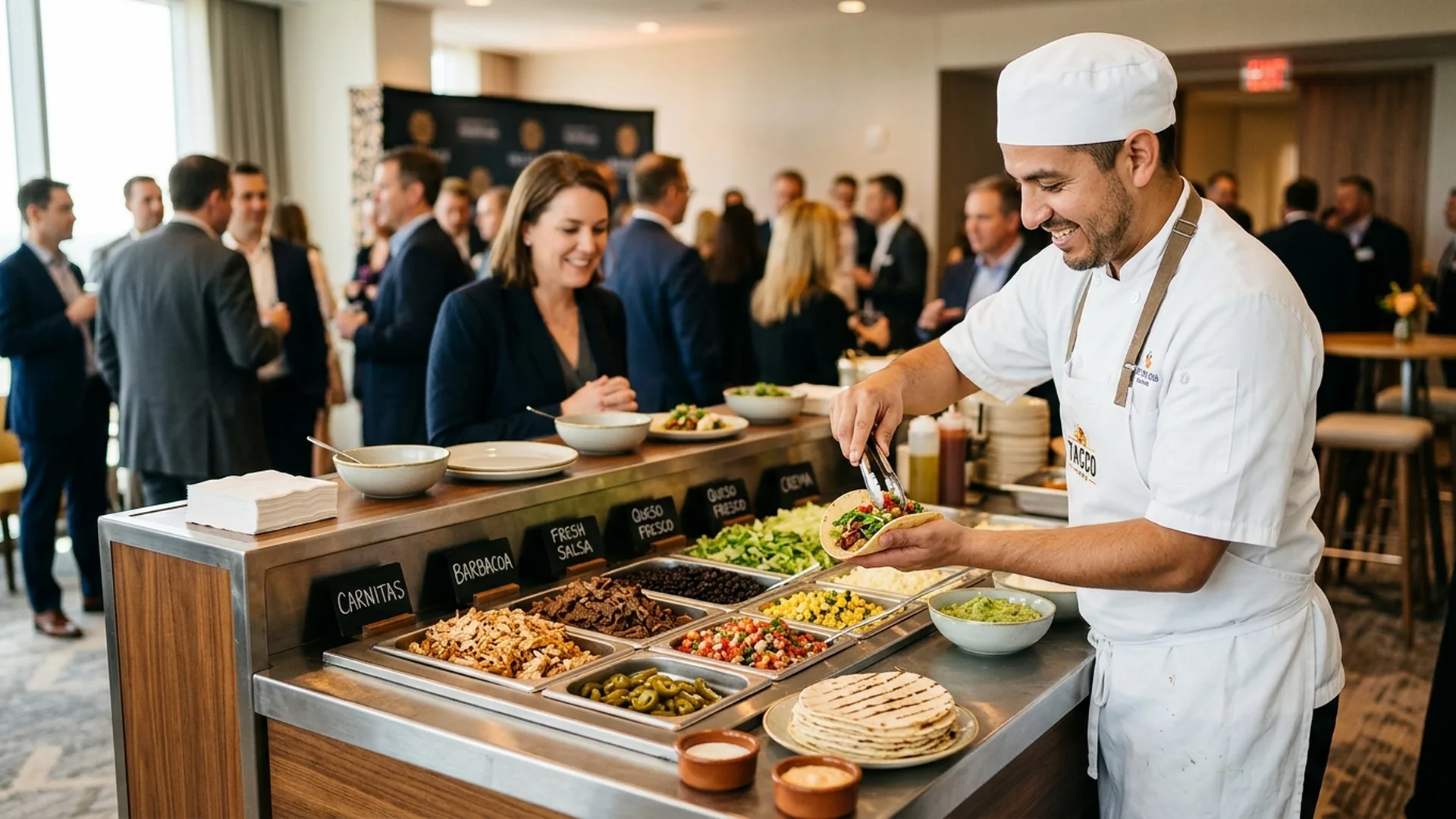 Chef assembling build-your-own bowls at a live corporate catering station