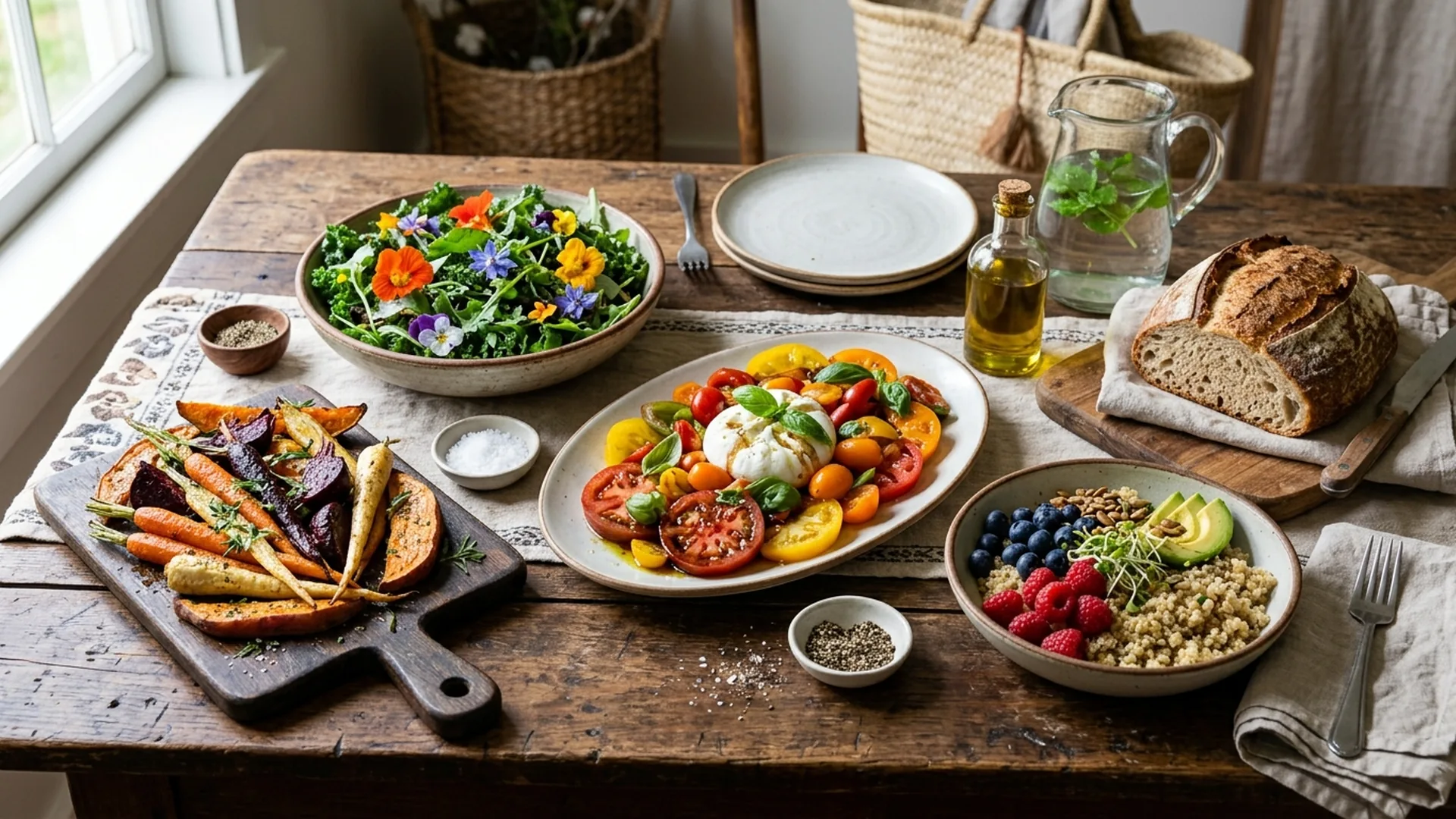 Fresh seasonal dishes: heirloom tomato salad, roasted vegetables, and berries