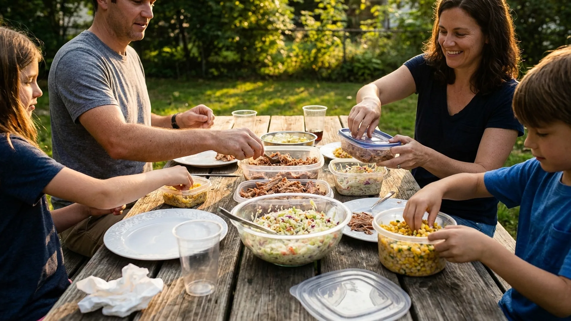 Family packing catered barbecue leftovers into food storage containers after a summer party