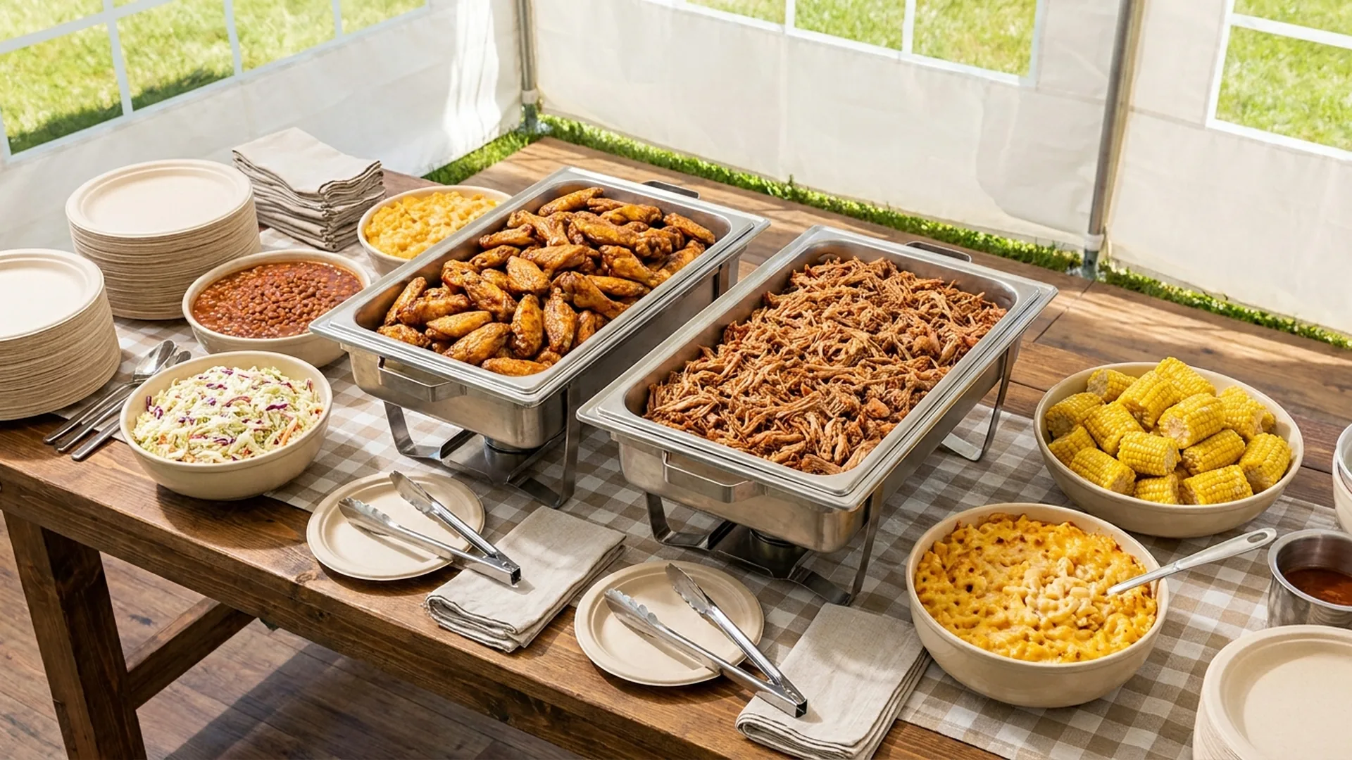 Catered BBQ picnic buffet with wings, pulled pork, and sides on a covered outdoor table