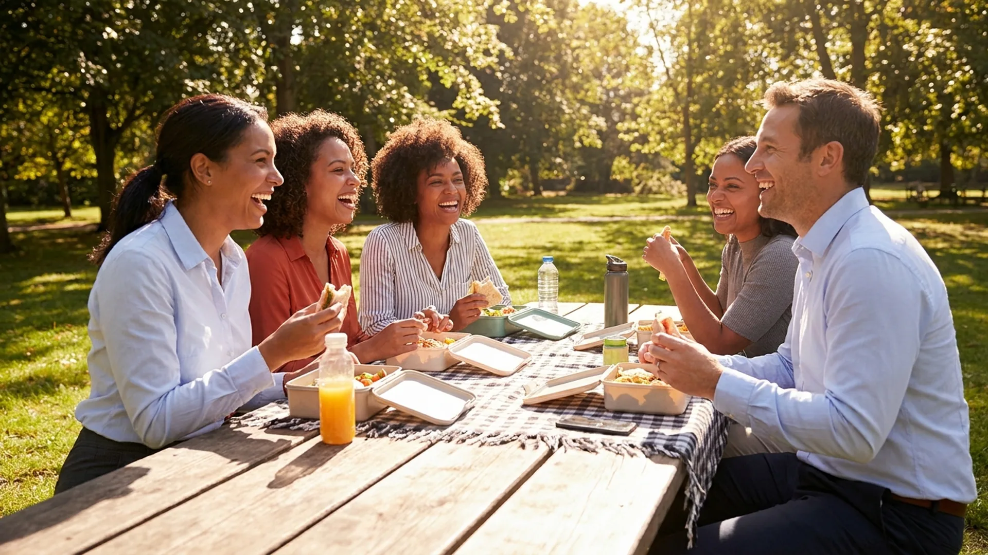 Coworkers eating and laughing at an outdoor picnic table on a sunny afternoon