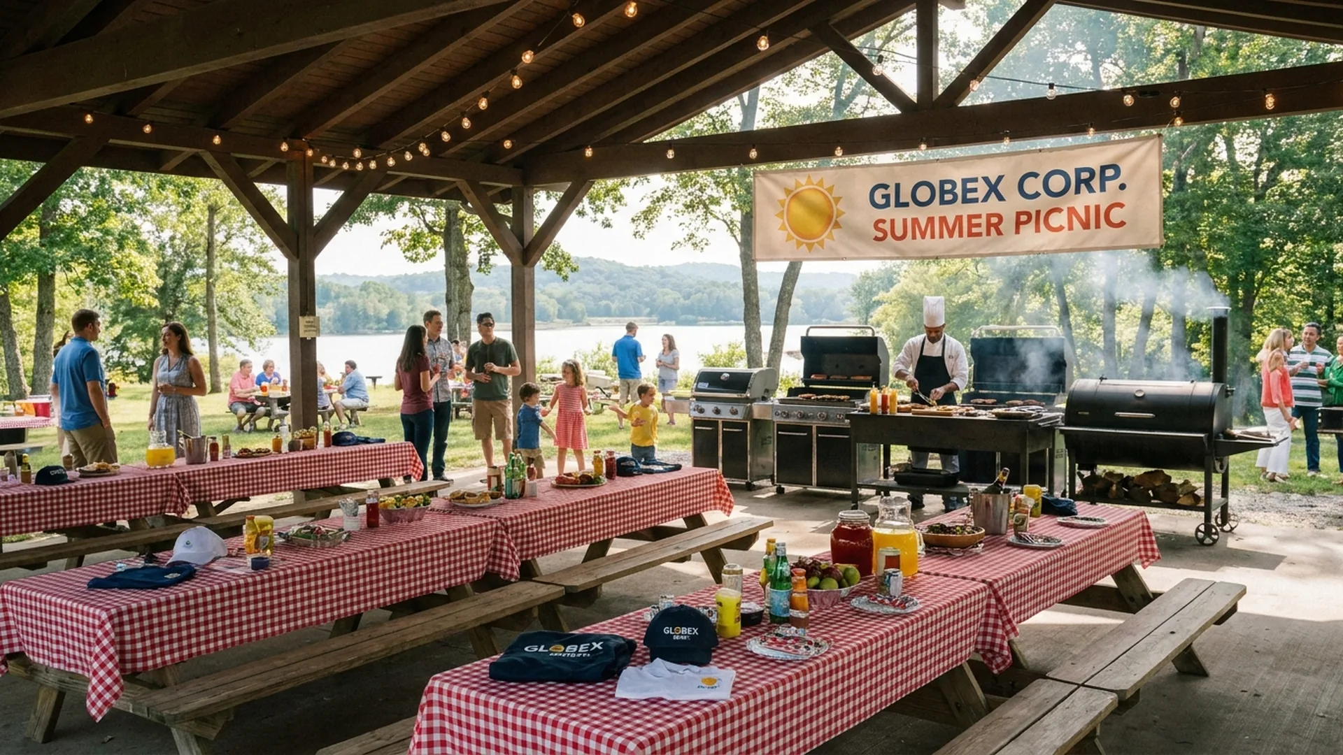 Outdoor park pavilion set up for a corporate picnic with tables and a BBQ station