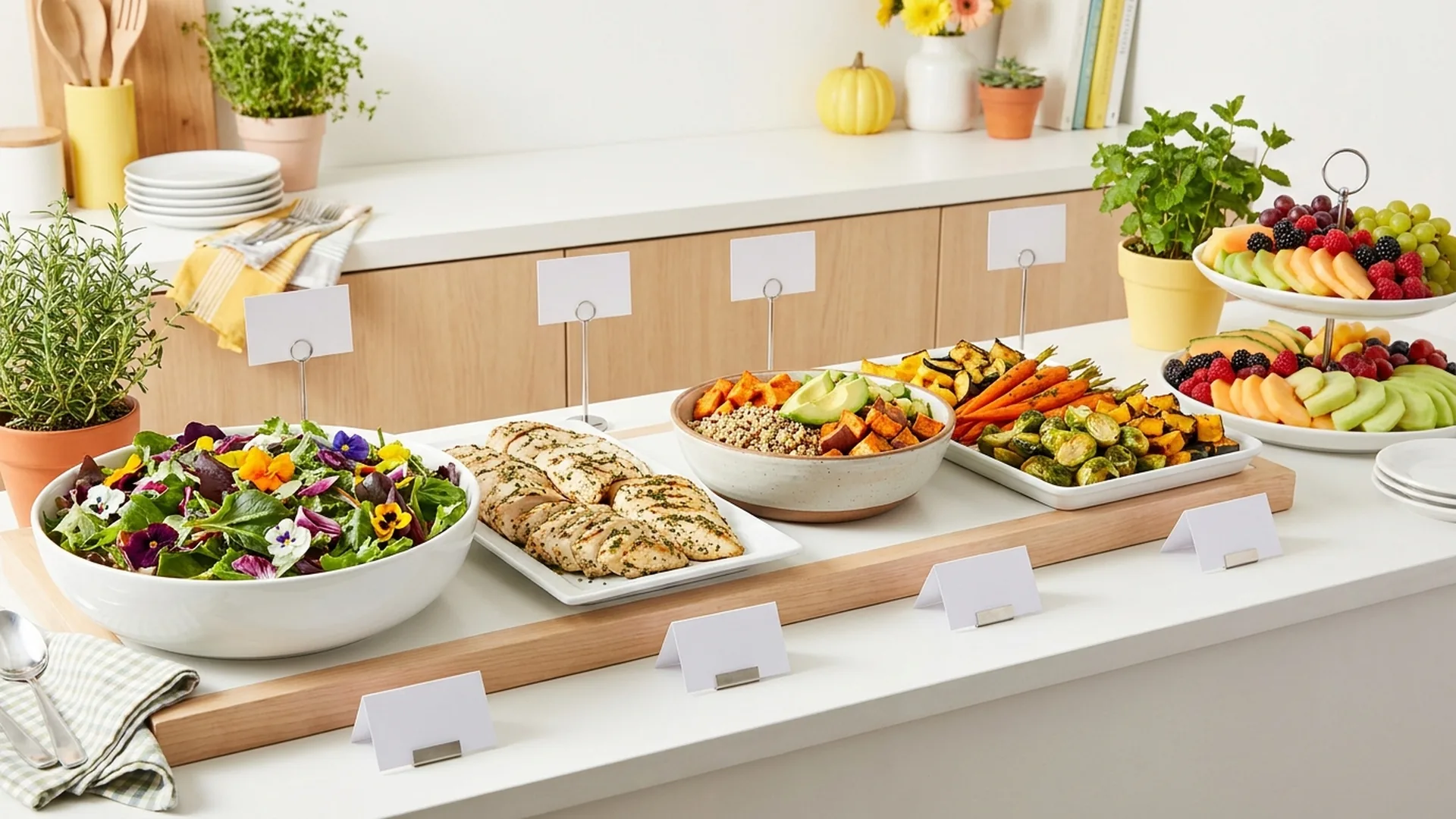 Catering buffet with vegetarian, gluten-free, and dietary options labeled