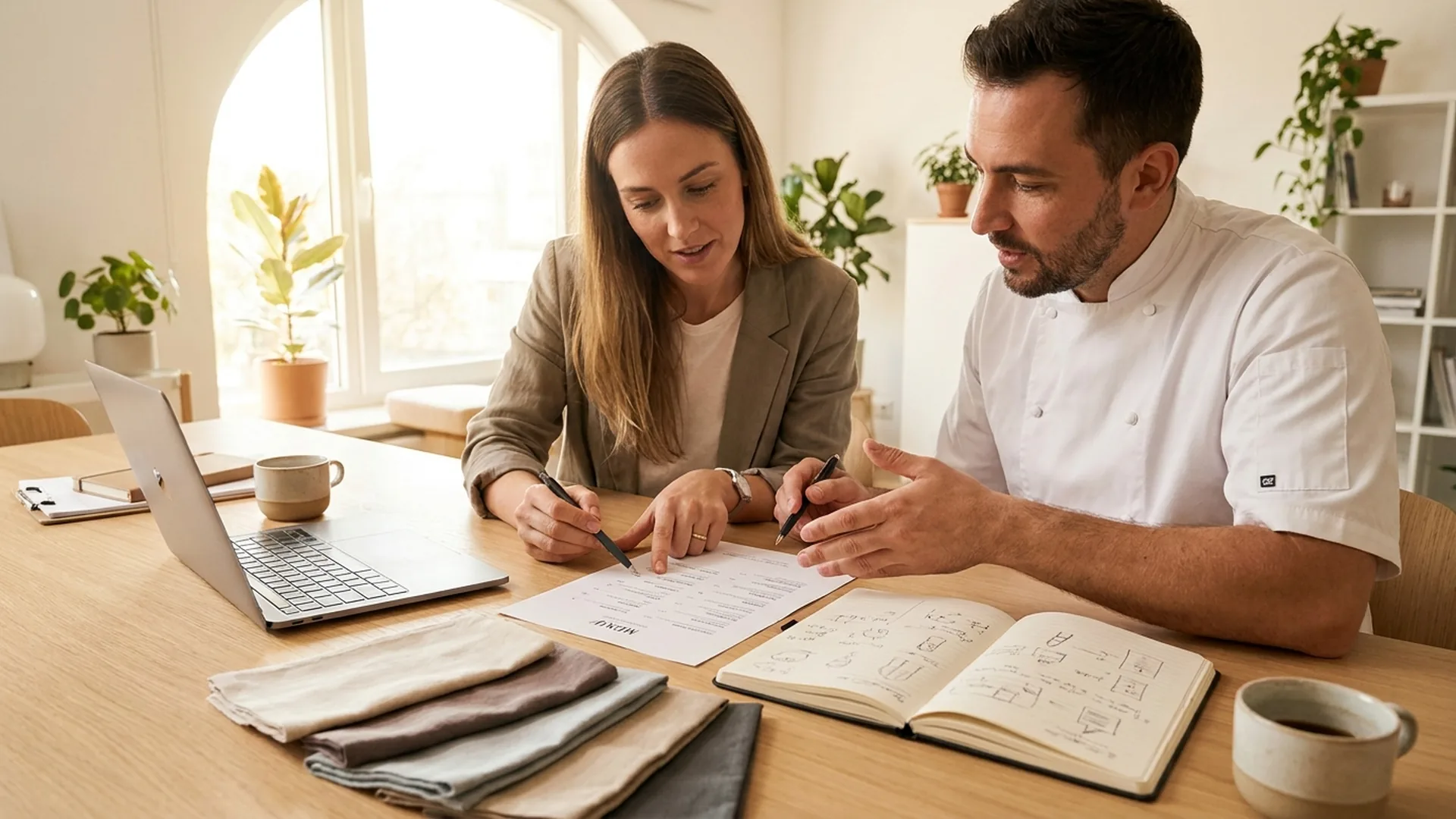 Host and caterer customizing a catering menu together