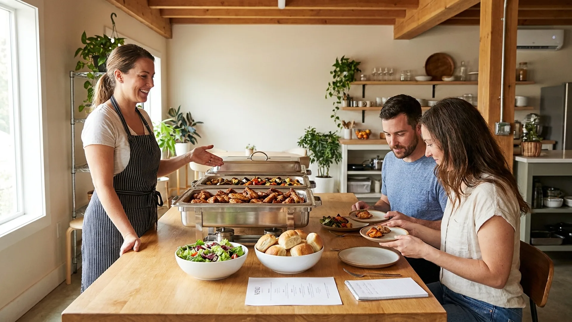 Chef presenting a catering menu tasting to clients