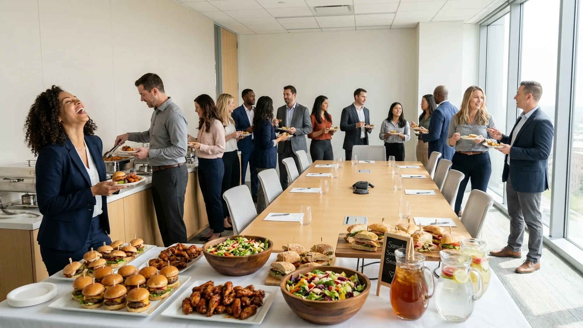 Guests serving themselves from a catered buffet at a business meeting