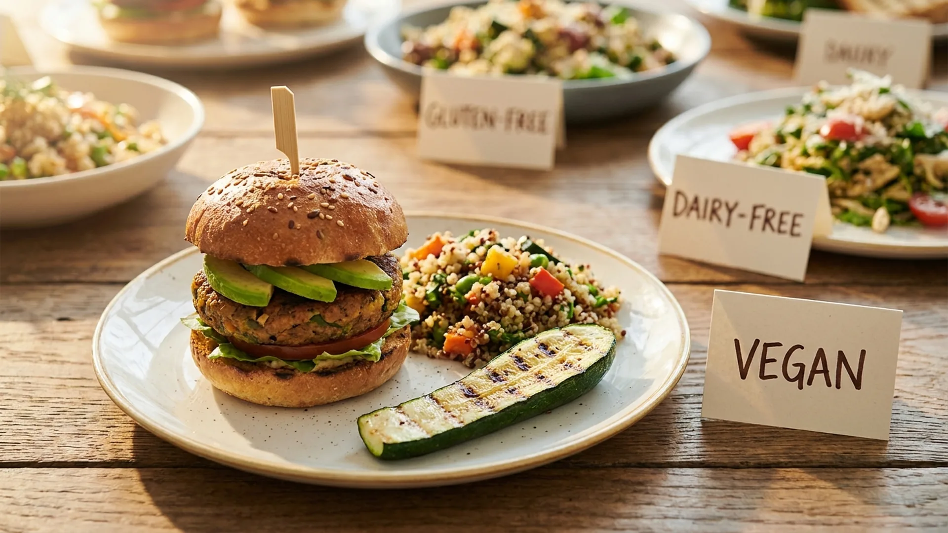 Vegan burger plated beside gluten-free and dairy-free catering options