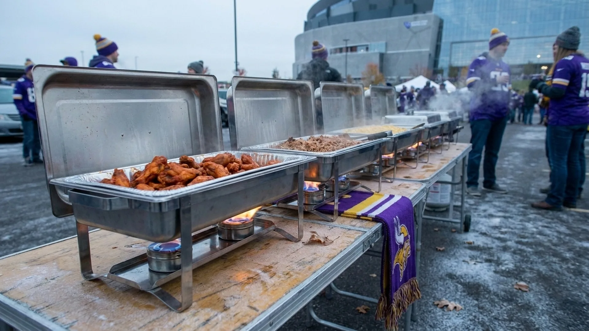 Chafing dishes with lit sterno keeping tailgate food hot in cold Minnesota weather