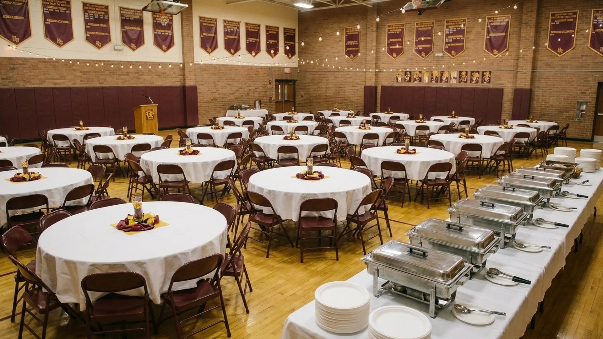 School cafeteria set up for a team awards banquet with round tables, team colors, and a buffet along the wall
