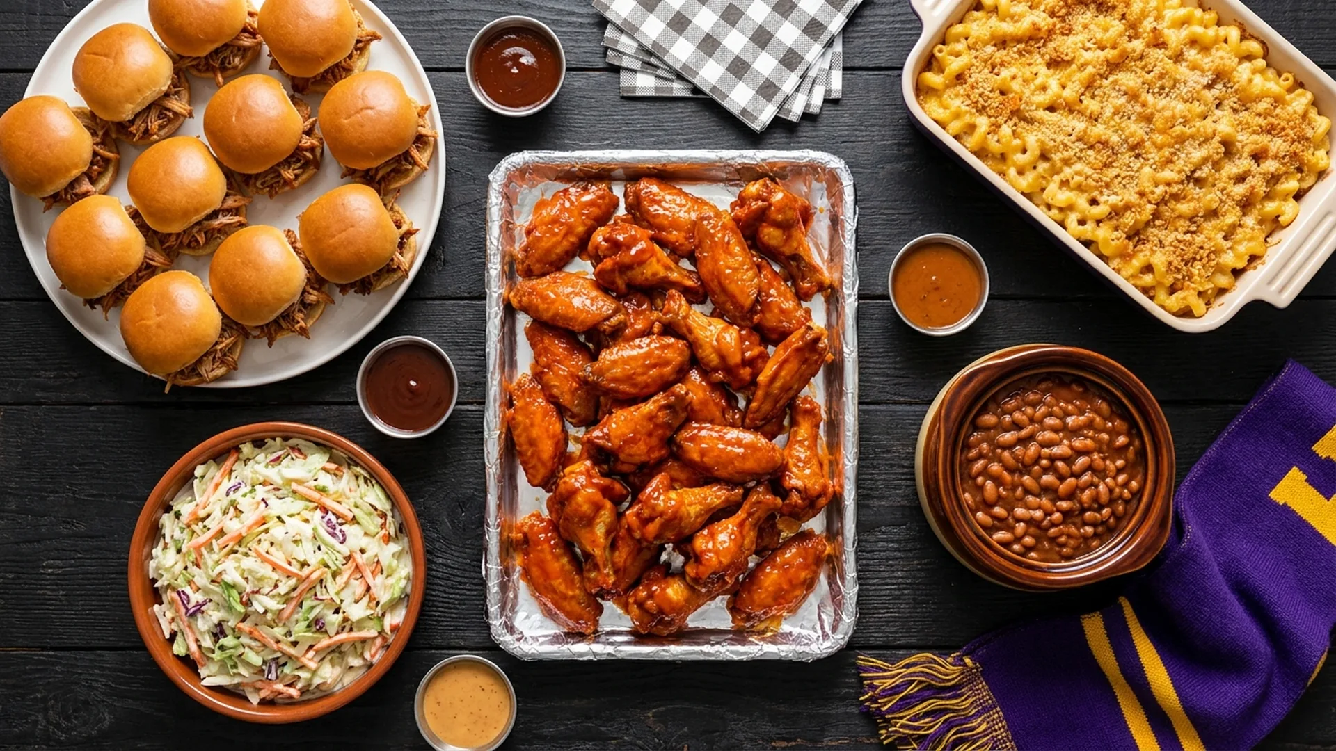BBQ tailgate spread with wings, pulled pork sliders, coleslaw, mac and cheese, and baked beans on a folding table