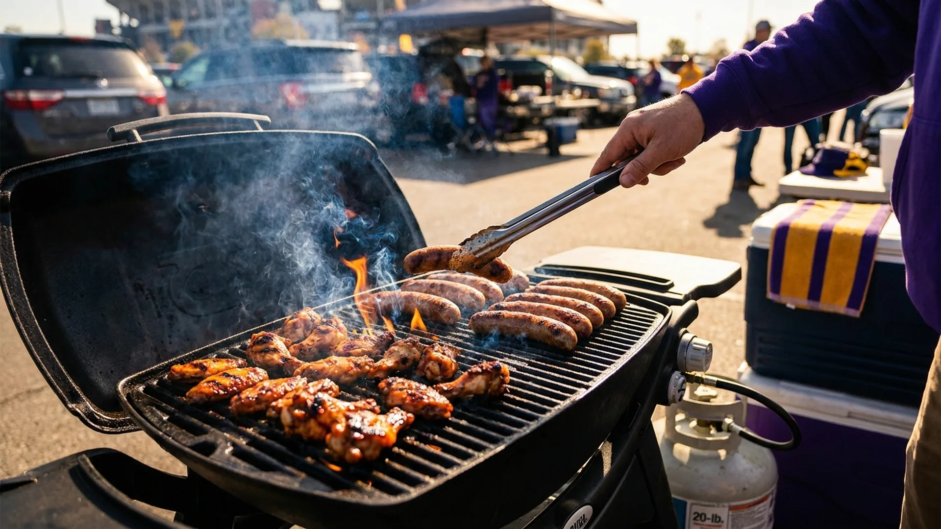 Gas grill loaded with sizzling bratwursts and saucy wings at a tailgate, a 20-pound propane tank connected at the side