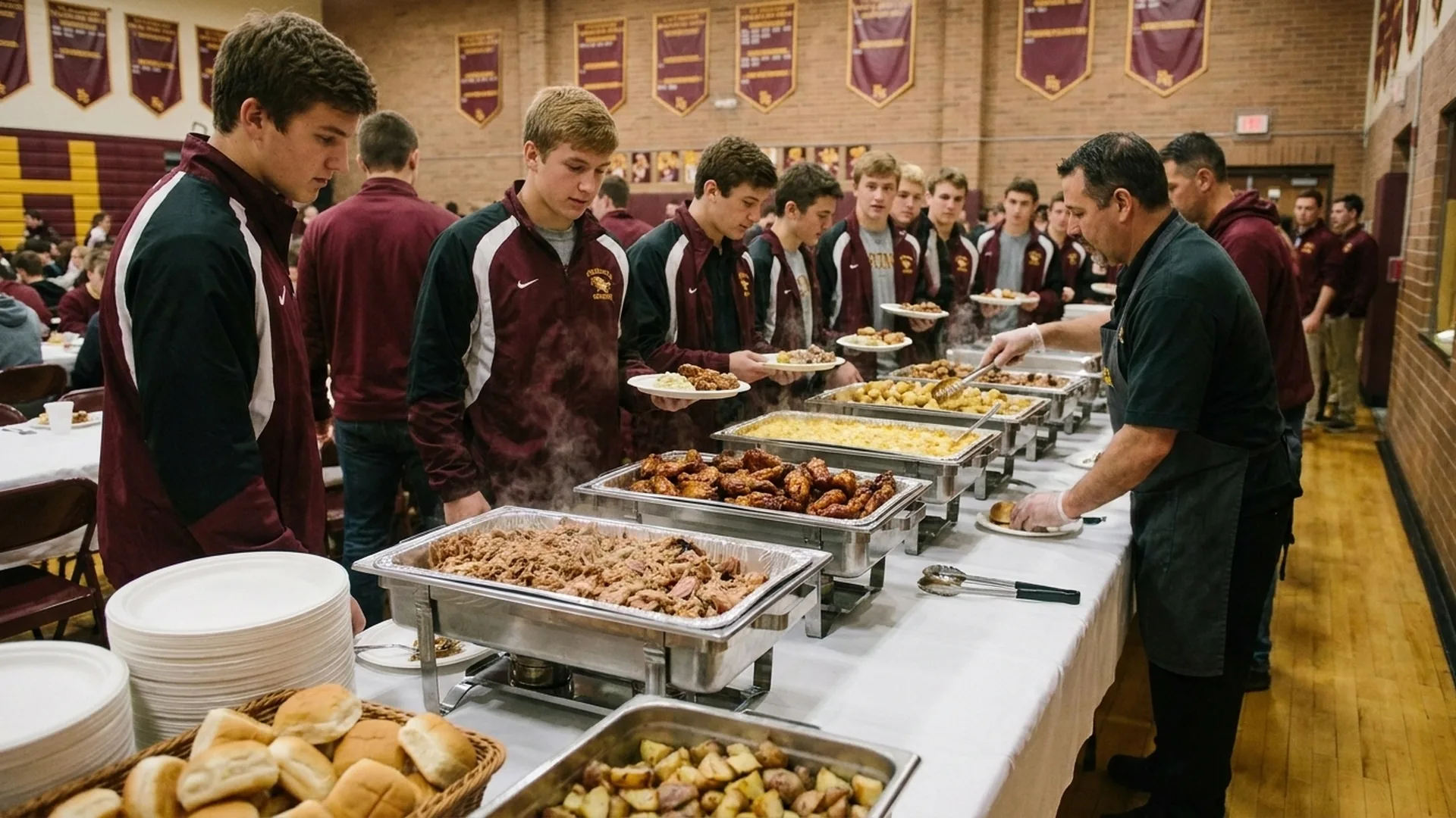 High school athletes filling plates from a BBQ buffet line at a team banquet