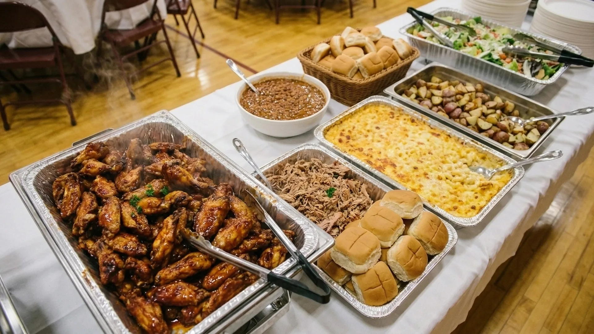 Banquet buffet with BBQ wings, pulled pork, mac and cheese, potatoes, baked beans, rolls, and salad